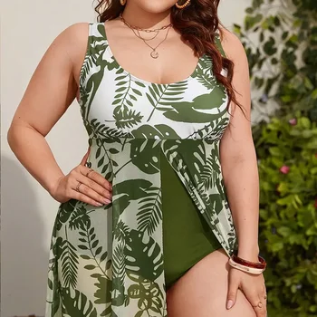 Цельный купальник с растительным принтом и рюшами на подоле большого размера, плюс купальники для купальщиц, летний пляжный костюм