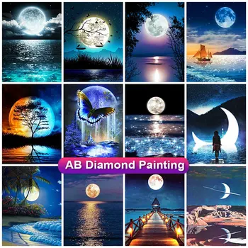 Алмазная мозаика MomoArt AB Картина с лунным пейзажем, стразы, алмазная вышивка, картина с видом на море, ночной декор для дома