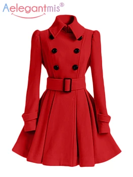 Aelegantmis, осенне-зимнее винтажное Женское шерстяное пальто, Классический Длинный тренч с поясом, Офисная Женская Повседневная Деловая верхняя одежда